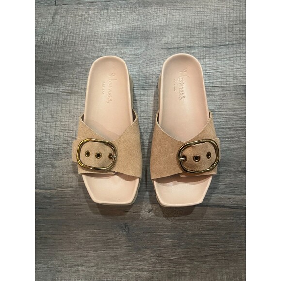 NIB Homers Tan Suede Slip On Open Toe Hand Crafted Buckle Slide Sandals Size 36 - Picture 1 of 9